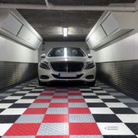 checkered garage flooring in red, black and white