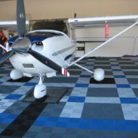 blue and grey decor for a aircraft hangar with tiles