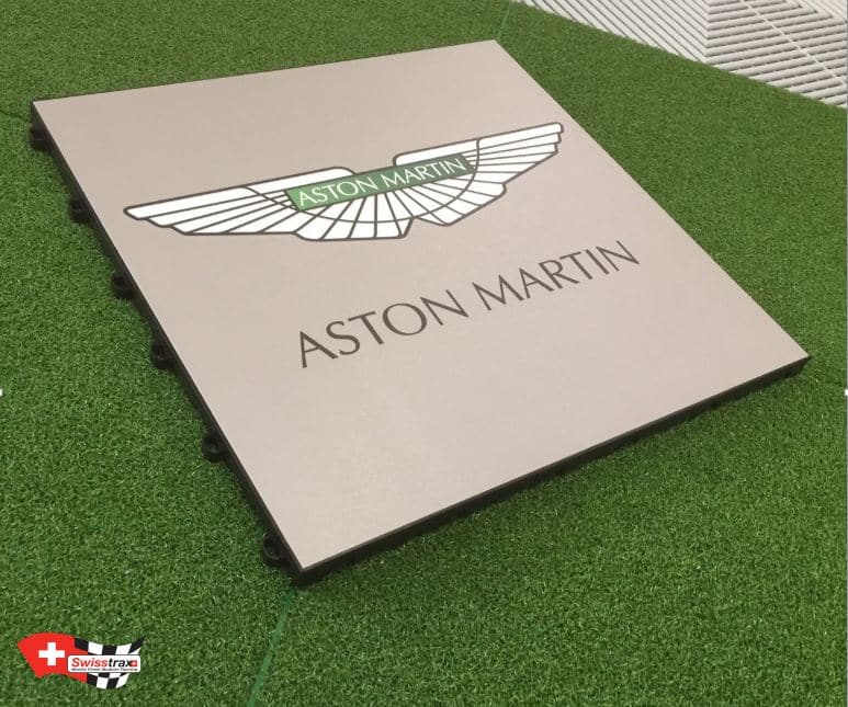 Swisstrax - customized garage flooring -Aston Martin logo