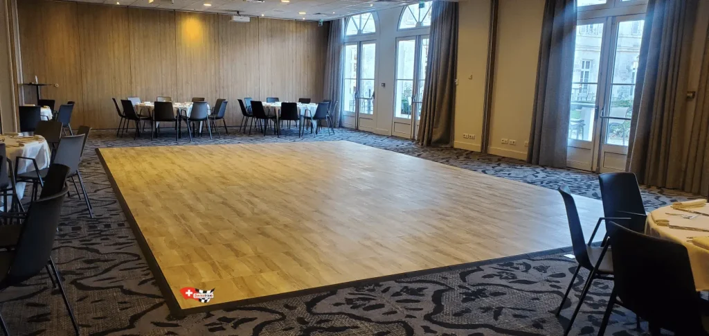 removable dancefloor made with modular floor tiles with a parquet finish